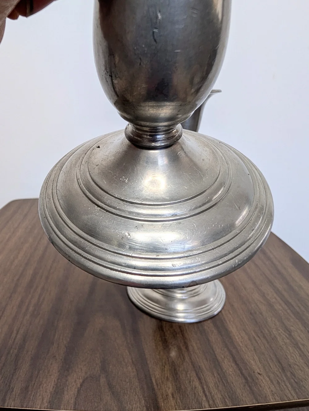 Pair Of Vintage Spindle Silver Tone Mayflower Pewter Tall Candlestick Holders